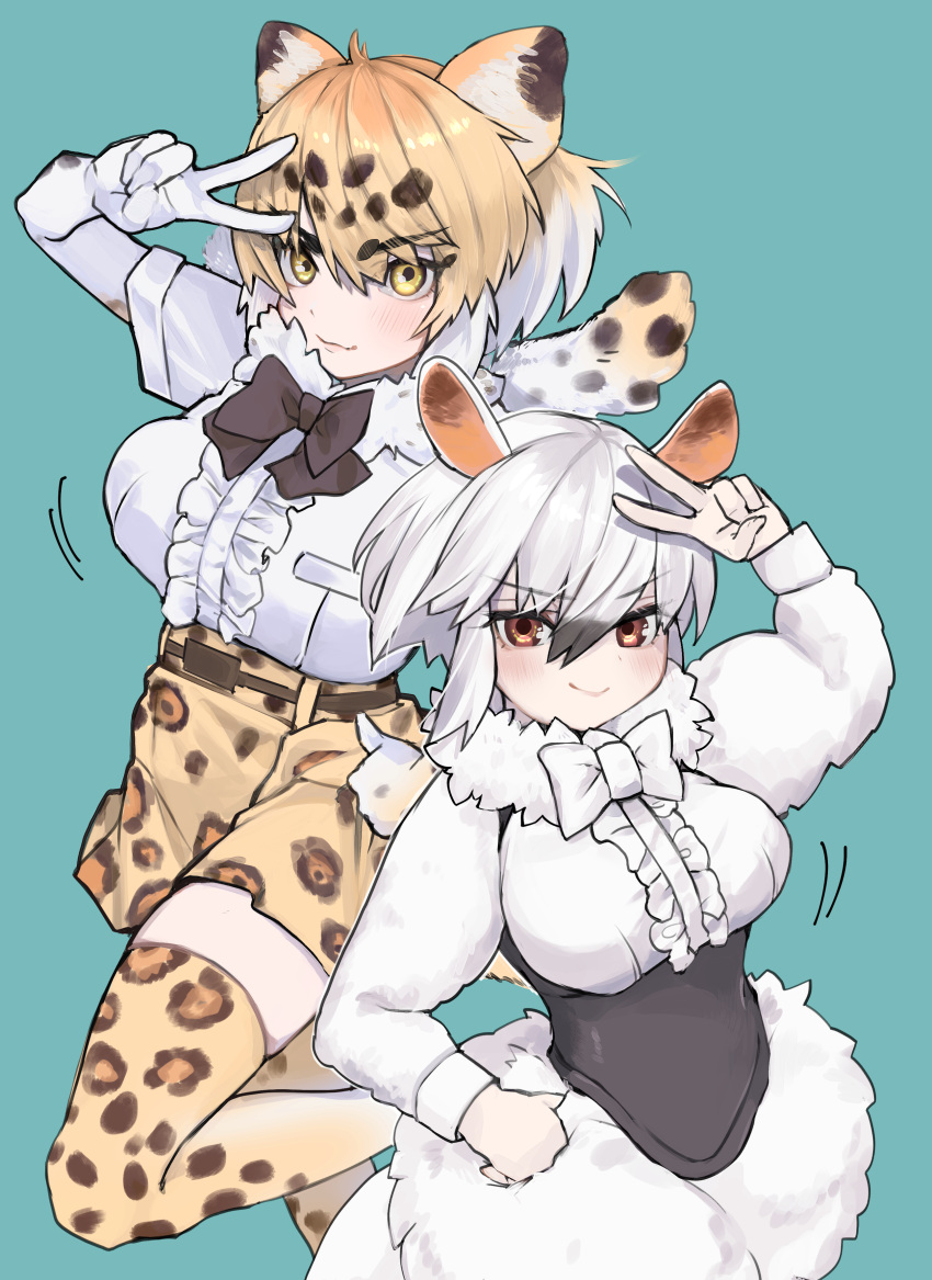 &gt;:) 2girls a888_n22 absurdres animal_ears animal_print arm_up bangs belt black_bow black_bowtie black_hair blonde_hair blue_background bow bowtie breast_pocket breasts center_frills closed_mouth colored_inner_hair corset dress elbow_gloves frills fur_collar fur_scarf gloves hair_between_eyes hand_on_hip height_difference highres jaguar_(kemono_friends) jaguar_ears jaguar_girl jaguar_print jaguar_tail kemono_friends large_breasts long_sleeves looking_at_viewer medium_breasts medium_hair miniskirt multicolored_hair multiple_girls pocket print_gloves print_skirt print_thighhighs red_eyes scarf simple_background skirt smile southern_tamandua_(kemono_friends) tail tamandua_ears tamandua_tail taut_clothes thick_eyebrows thighhighs v v-shaped_eyebrows white_bow white_bowtie white_hair yellow_eyes zettai_ryouiki