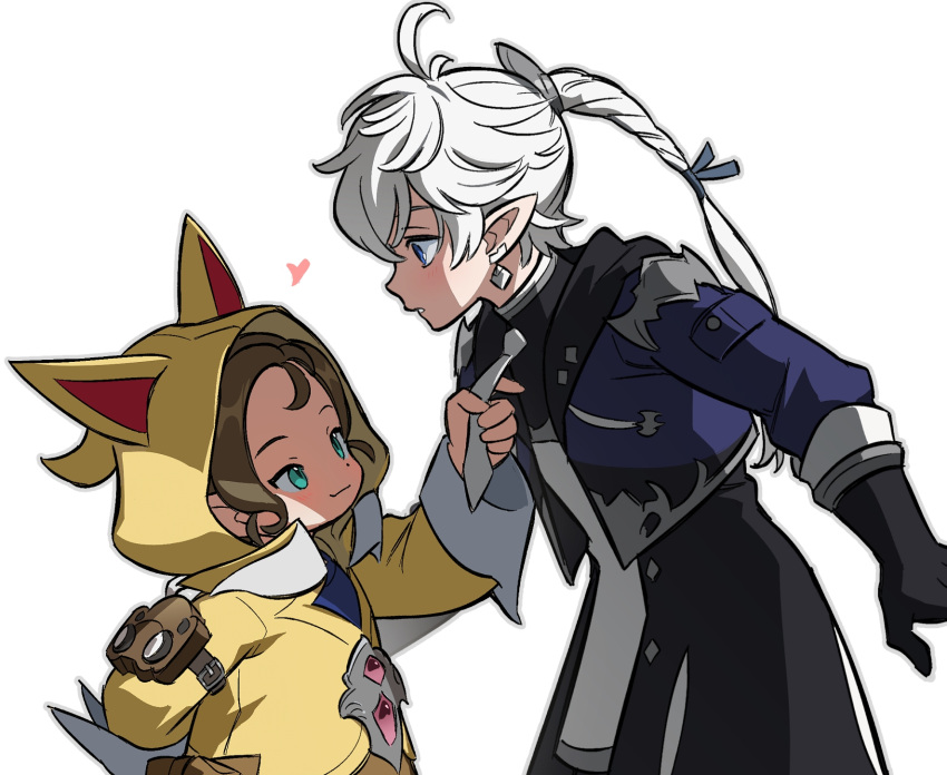 1boy 1girl ahoge alphinaud_leveilleur animal_hood aqua_eyes arm_behind_back arm_belt bangs black_gloves blue_coat blue_eyes braid braided_ponytail brown_hair cat_hood chinese_commentary coat commentary_request cowboy_shot earclip elbow_gloves elezen elf eye_contact final_fantasy final_fantasy_xiv from_side gloves grey_outline hair_ribbon hand_up heart height_difference hetero highres hood hood_up hoodie krile_mayer_baldesion_(ff14) lalafell leaning_forward long_hair long_sleeves looking_at_another necktie necktie_grab neckwear_grab pointy_ears profile ribbon short_hair simple_background single_braid smile standing surprised white_background white_hair white_necktie wide-eyed wuliu_heihuo yellow_hoodie