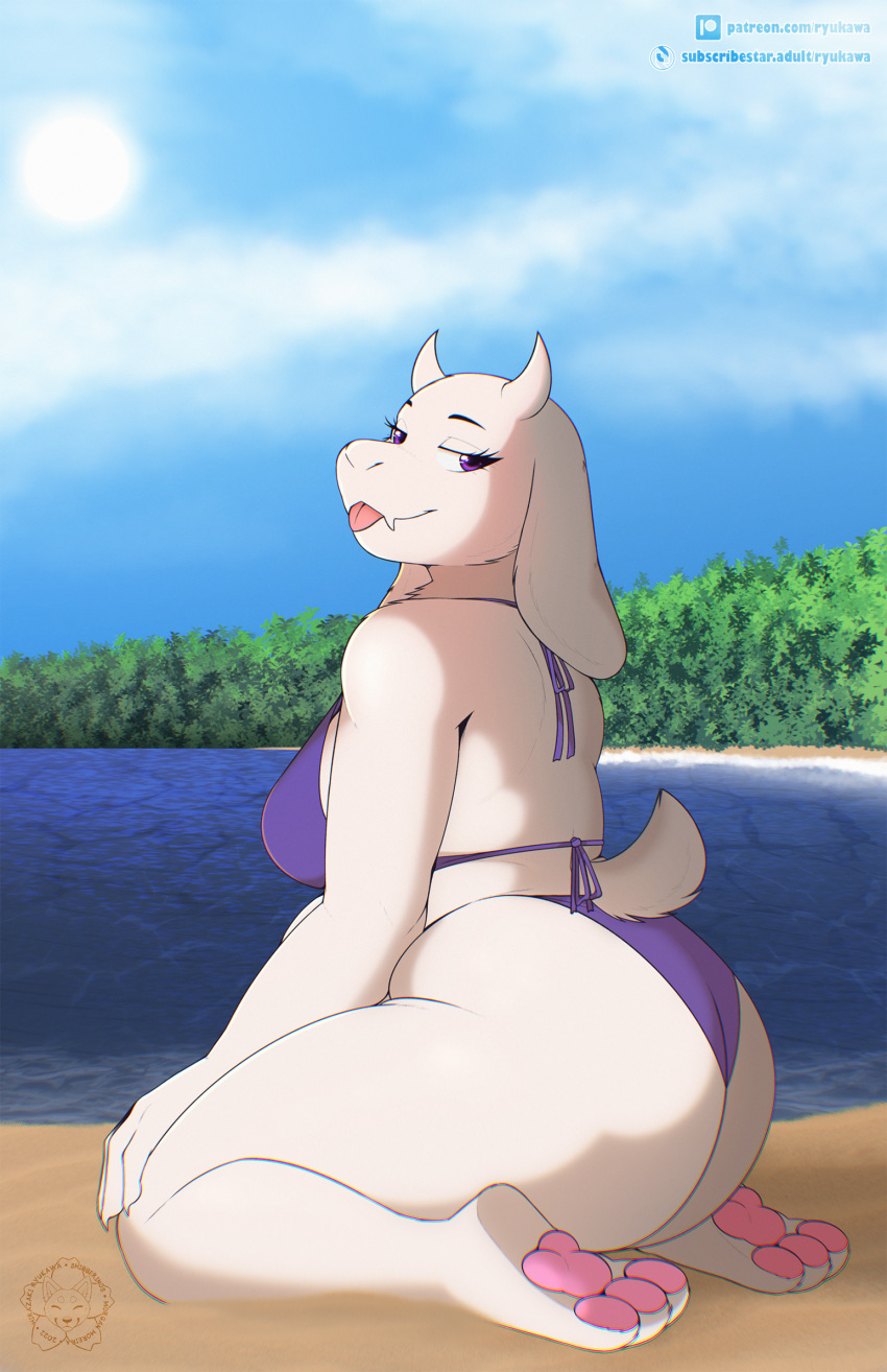 anthro beach big_butt bikini bovid butt caprine chubby_female clothing feet female fur goat hi_res horn mammal mature_female nub_tail pawpads ryukawa sand sea seaside shore shoreline slightly_chubby solo swimwear tongue tongue_out toriel undertale_(series) water white_body white_fur