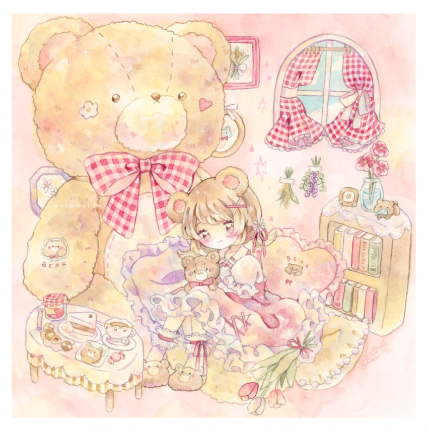 1girl animal_ears animal_print bangs bear_ears bear_print bob_cut book bookshelf border bow brown_footwear brown_hair cake cake_slice checkerboard_cookie cookie cup curtains day dress drink english_text female_child flower food frilled_dress frilled_pillow frilled_sleeves frills hair_flower hair_ornament hair_ribbon hairpin heart highres indoors jar light_brown_hair lolita_fashion looking_at_viewer oversized_object pastel_colors picture_frame pillow pink_dress pink_eyes pink_flower pink_ribbon pink_tulip puffy_short_sleeves puffy_sleeves red_bow red_eyes ribbon short_hair short_sleeves siena0817 sitting smile stuffed_animal stuffed_toy table tablecloth teddy_bear tulip two-tone_dress vase wallpaper_(object) white_border white_bow white_dress white_flower white_ribbon window x_hair_ornament
