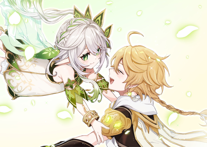 1boy 1girl aether_(genshin_impact) ahoge bare_shoulders blonde_hair braid closed_eyes commentary dress earrings genshin_impact green_eyes green_hair hair_ornament highres imminent_hug jewelry long_hair multicolored_hair nahida_(genshin_impact) open_mouth pointy_ears side_ponytail single_braid single_earring smile sushi_171 symbol-shaped_pupils two-tone_hair upper_body white_dress white_hair