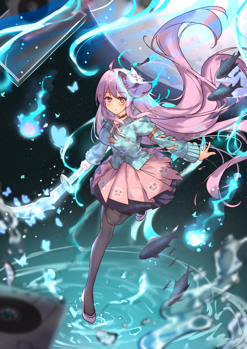 1girl :/ absurdres ahoge aqua_shirt bangs breasts bug butterfly choker closed_mouth diving_penguin expressionless fish fox_mask full_body hata_no_kokoro highres hitodama holding holding_polearm holding_weapon large_breasts layered_skirt long_hair long_sleeves looking_at_viewer mask mask_on_head moon naginata outstretched_arm outstretched_hand pantyhose pink_eyes pink_footwear pink_hair pink_skirt plaid plaid_shirt polearm ribbon running shirt shoes skirt solo starry_background torn_clothes touhou very_long_hair water wavy_hair weapon white_ribbon