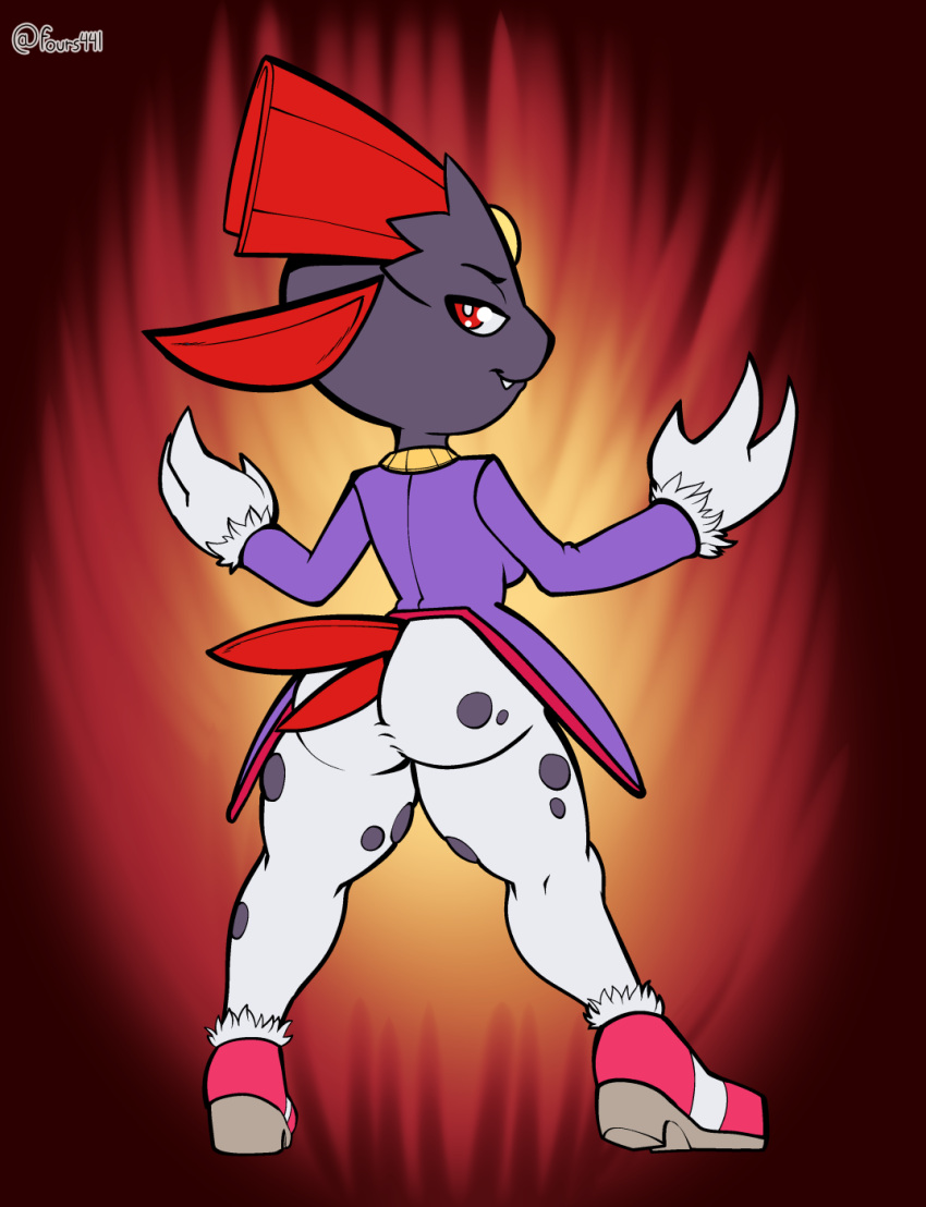 anthro black_body blaze_the_cat breasts butt claws clothed clothing cosplay feathers female footwear fours_(artist) gem generation_4_pokemon hi_res looking_at_viewer looking_back nintendo partially_clothed pokemon pokemon_(species) red_body red_eyes red_feathers sega shoes simple_background solo sonic_the_hedgehog_(series) torn_clothing video_games weavile