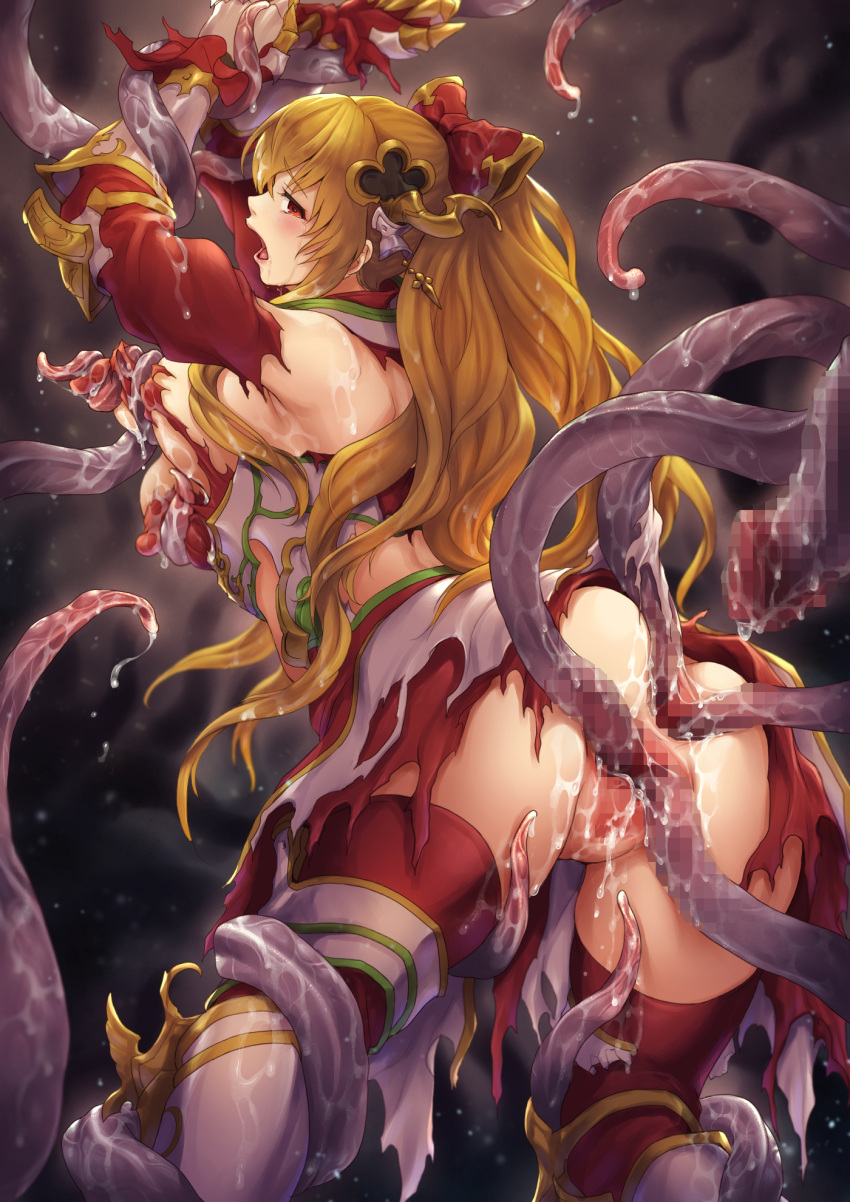 1girl anal anus arm_grab armor arms_up ass blonde_hair boots bow breast_squeeze breasts broken_armor censored commission crying crying_with_eyes_open double_penetration duplicate gauntlets granblue_fantasy hair_bow highres interspecies knee_boots kuragetakos large_breasts leg_armor leg_grab long_hair mosaic_censoring nipples open_mouth pixel-perfect_duplicate pussy red_bow red_eyes red_shirt red_thighhighs restrained saliva saliva_trail shirt simple_background skeb_commission solo spread_anus spread_pussy suggestive_fluid tears tentacle_sex tentacles thighhighs torn_clothes vaginal vira_(granblue_fantasy)