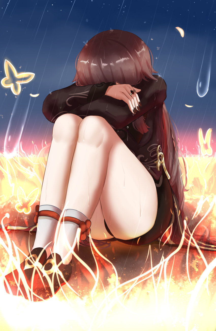 1girl absurdres ass bangs black_nails brown_hair chinese_clothes commentary english_commentary fire genshin_impact highres hu_tao_(genshin_impact) hugging_own_legs jewelry kneehighs knees_to_chest knees_up long_hair long_sleeves rain ring sad short_shorts shorts sidelocks simple_background sitting socks solo superbanango twintails white_socks