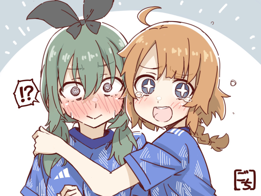 !? +_+ 2022_fifa_world_cup 2girls :d @_@ artist_name assault_lily bangs black_bow blue_eyes blue_shirt blush bow braid braided_ponytail closed_mouth commentary futagawa_fumi gochisousama_(tanin050) green_hair grey_background hair_between_eyes hair_bow hand_on_another's_shoulder hand_up heads_together jersey long_hair looking_at_viewer low_ponytail low_twintails multiple_girls nose_blush orange_hair purple_eyes shirt short_sleeves side-by-side single_braid smile soccer spoken_interrobang sweat tearing_up teeth twintails two-tone_background upper_body upper_teeth white_background wide-eyed world_cup yamanashi_hibari yuri