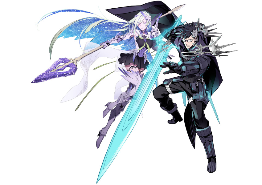 1boy 1girl absurdres armor armored_dress brynhildr_(fate) fate/prototype fate_(series) full_body glasses highres holding holding_polearm holding_sword holding_weapon miwa_shirow pleated_skirt polearm sigurd_(fate) simple_background skirt spear sword thighs weapon white_background