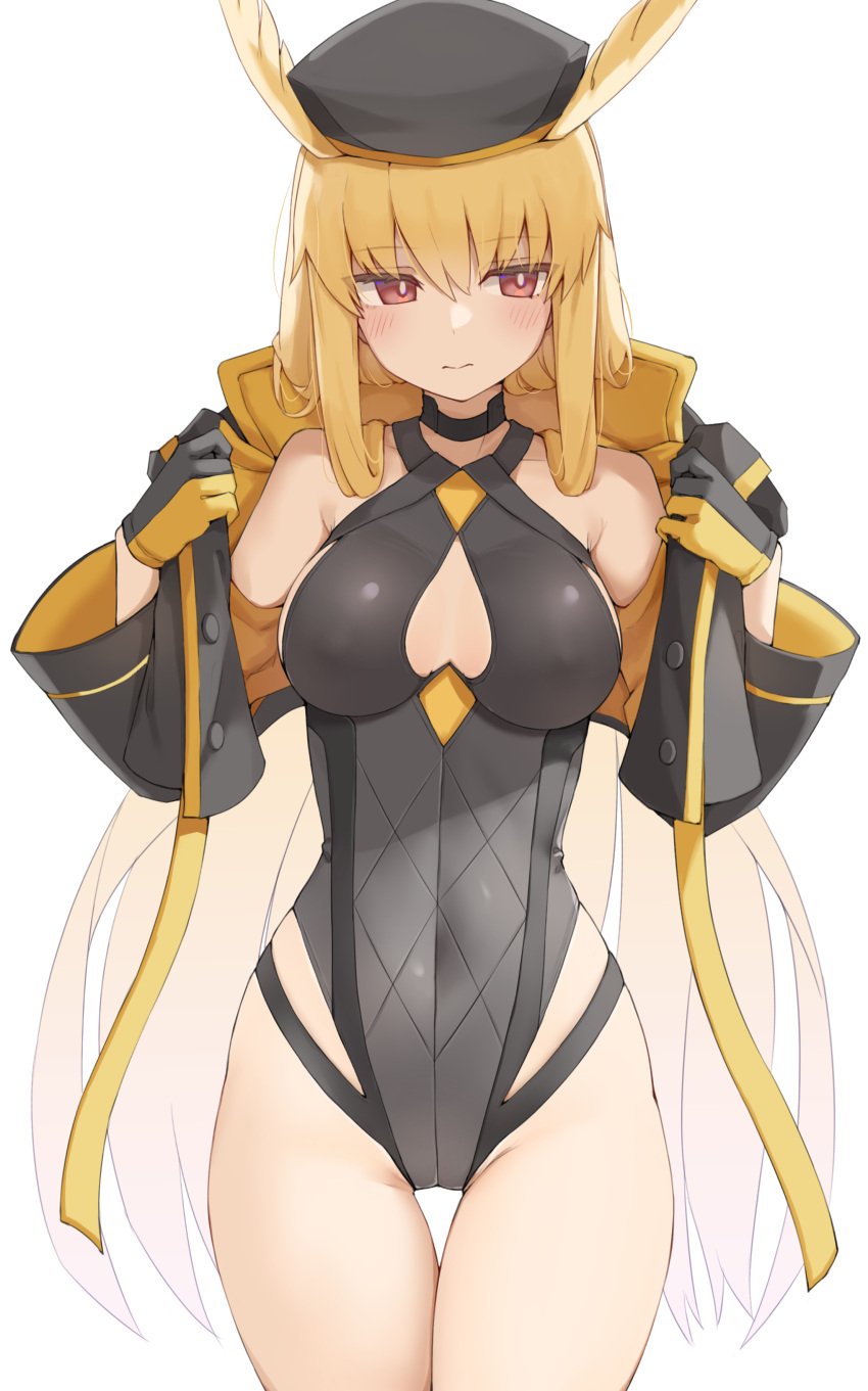 1girl absurdres bangs beret black_gloves black_headwear black_jacket black_one-piece_swimsuit blonde_hair blush breasts choker cleavage cleavage_cutout clothing_cutout fate/grand_order fate_(series) gloves hat head_wings highleg highleg_swimsuit highres hood hooded_jacket jacket kopaka_(karda_nui) large_breasts long_hair long_sleeves looking_at_viewer one-piece_swimsuit open_clothes open_jacket red_eyes sidelocks solo swimsuit thighs thrud_(fate) thrud_(swimsuit_assassin)_(fate) valkyrie_(fate) white_background