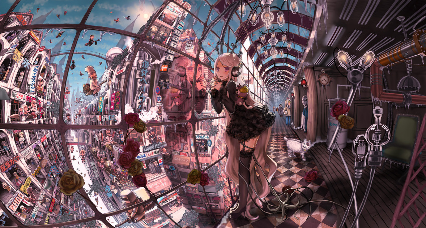 1girl checkered_floor cityscape clutter commentary_request dog duplicate fisheye flower garter_belt gothic_lolita high_heels highres john_hathway lace lace-trimmed_legwear lace_trim light_bulb lolita_fashion long_hair original photoshop_(medium) pixel-perfect_duplicate red_eyes reflection rose scenery shoes thighhighs vanishing_point