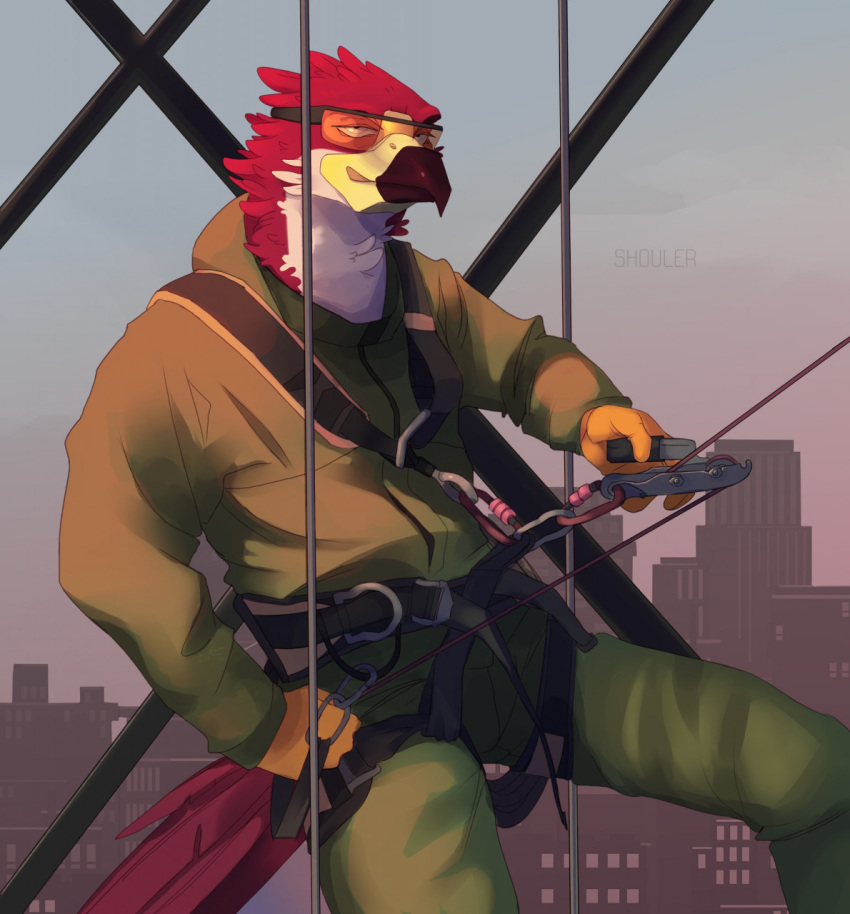 accipitrid accipitriform anthro avian beak bird buteo chickenhawk city cityscape clothed clothing eyewear feathers gloves goggles goggles_on_face handwear hi_res jumpsuit kamaro male red-tailed_hawk rope shouler_shurka sky smile solo tail_feathers visor
