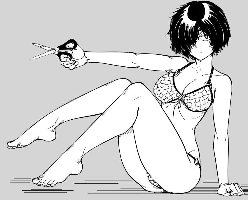1girl absurdres barefoot bb_(baalbuddy) bikini black_hair breasts english_commentary full_body greyscale hair_over_one_eye highres holding holding_scissors knees_up looking_at_viewer medium_breasts monochrome nazo_no_kanojo_x o-ring o-ring_bikini scissors short_hair sitting solo swimsuit urabe_mikoto