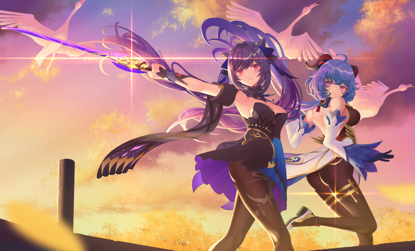 2girls absurdres bare_shoulders bird black_gloves black_pantyhose black_ribbon blue_hair breasts choker cleavage closed_mouth commentary_request crane_(animal) detached_collar detached_sleeves ganyu_(genshin_impact) genshin_impact gloves goat_horns hair_ribbon highres holding holding_sword holding_weapon horns keqing_(genshin_impact) keqing_(opulent_splendor)_(genshin_impact) long_hair long_sleeves looking_at_viewer medium_breasts multiple_girls pantyhose parted_lips purple_eyes purple_hair ribbon ribbon_choker shoes sunset sword twintails two-tone_dress weapon white_footwear yuan_(xp1447998769)
