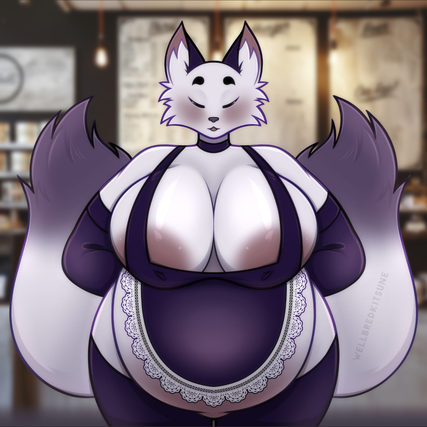 anthro belly big_belly big_breasts breasts canid canine clothing english_text eyes_closed female fox gloves handwear hi_res huge_breasts legwear letterbox maid_uniform mammal pregnant solo text thigh_highs uniform wellbredkitsune