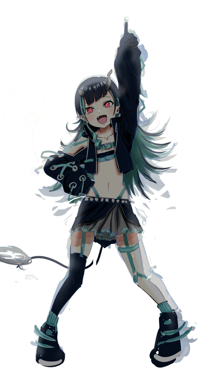 1girl 774_inc. :d absurdres bangs belt beltbra black_footwear black_gloves black_hair black_jacket black_skirt black_thighhighs blue_belt blue_hair blue_panties blue_socks blush chest_belt clothing_cutout cropped_jacket cross-laced_sleeves demon_girl demon_horns demon_tail fang flat_chest garter_straps gloves grey_skirt highleg highleg_panties highres horns jacket layered_skirt long_hair long_sleeves looking_at_viewer midriff multicolored_hair navel open_clothes open_jacket open_mouth panties pointing pointing_up pointy_ears red_eyes shishio_chris shoes shoulder_cutout simple_background single_thighhigh skirt smile sneakers socks solo standing sugar_lyric tail tengu_nimuru thighhighs two-tone_hair underwear virtual_youtuber white_background zipper zipper_skirt