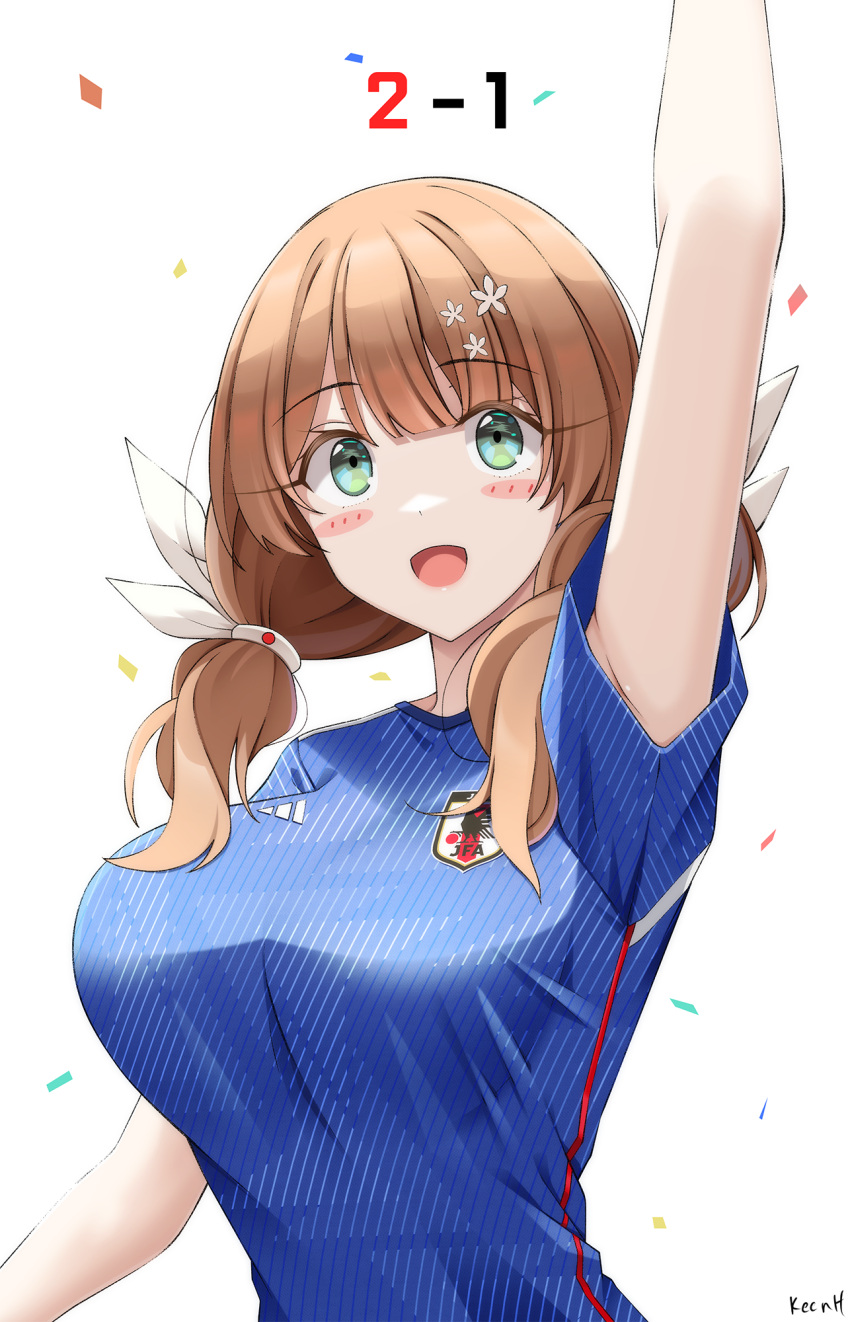 1girl 2022_fifa_world_cup :d arm_up bangs blue_shirt blunt_bangs breasts brown_hair flower girls'_frontline green_eyes hair_flower hair_ornament highres howa_type_89_(girls'_frontline) keenh large_breasts looking_at_viewer roman_numeral shirt short_sleeves short_twintails simple_background smile soccer_uniform sportswear twintails white_background world_cup