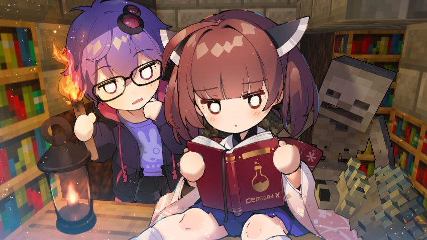 1boy 1girl animal_print bangs black-framed_eyewear black_jacket blue_skirt blunt_bangs book bookshelf brick brick_wall brown_hair bunny_print commentary glasses hair_ornament hand_on_own_chin headgear highres holding holding_book holding_torch jacket japanese_clothes kimono lamp lantern long_sleeves minecraft miniskirt open_book pleated_skirt potion purple_hair purple_shirt reading shirinda_fureiru shirt silverfish_(minecraft) sitting skeleton skeleton_(minecraft) skirt torch touhoku_kiritan twintails voiceroid white_kimono yuzuki_yukari's_younger_twin_brother