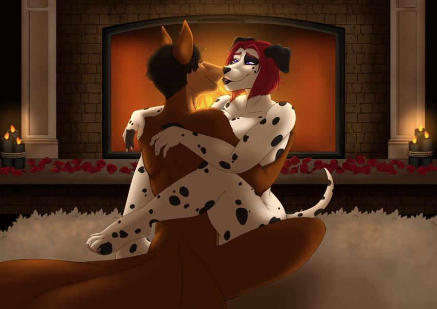 2022 3_tails 4_toes 5_fingers anthro anthro_on_anthro black_nose black_spots blue_nose breasts brown_body brown_fur brown_hair candle canid canine canis claws dalmatian digital_media_(artwork) domestic_dog duo edwin_flores feet female fingers firelight fireplace fur fur_rug hair hi_res hindpaw humanoid_hands imminent_kiss imminent_sex intimate love male male/female mammal multi_tail nose_to_nose noses_touching nude paws romantic romantic_ambiance romantic_couple sammie_(edwinflores428) sitting spots spotted_body spotted_fur sweetvixsin toe_claws toes white_body white_fur wolf