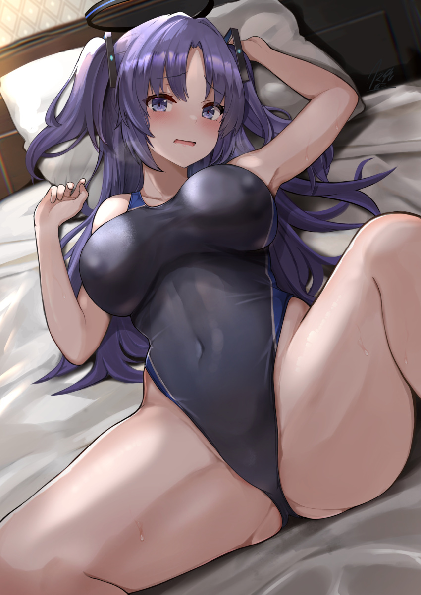 1girl arm_up bangs bare_arms bare_shoulders bed bed_sheet black_one-piece_swimsuit blue_archive breasts competition_swimsuit covered_navel crotch dutch_angle halo hand_up head_on_pillow highleg highleg_swimsuit highres indoors kihou_no_gotoku_dmc large_breasts long_hair lying on_back on_bed one-piece_swimsuit parted_bangs purple_eyes purple_hair raised_eyebrows solo spread_legs sweat swimsuit taut_clothes taut_swimsuit thighs two-tone_swimsuit two_side_up yuuka_(blue_archive)