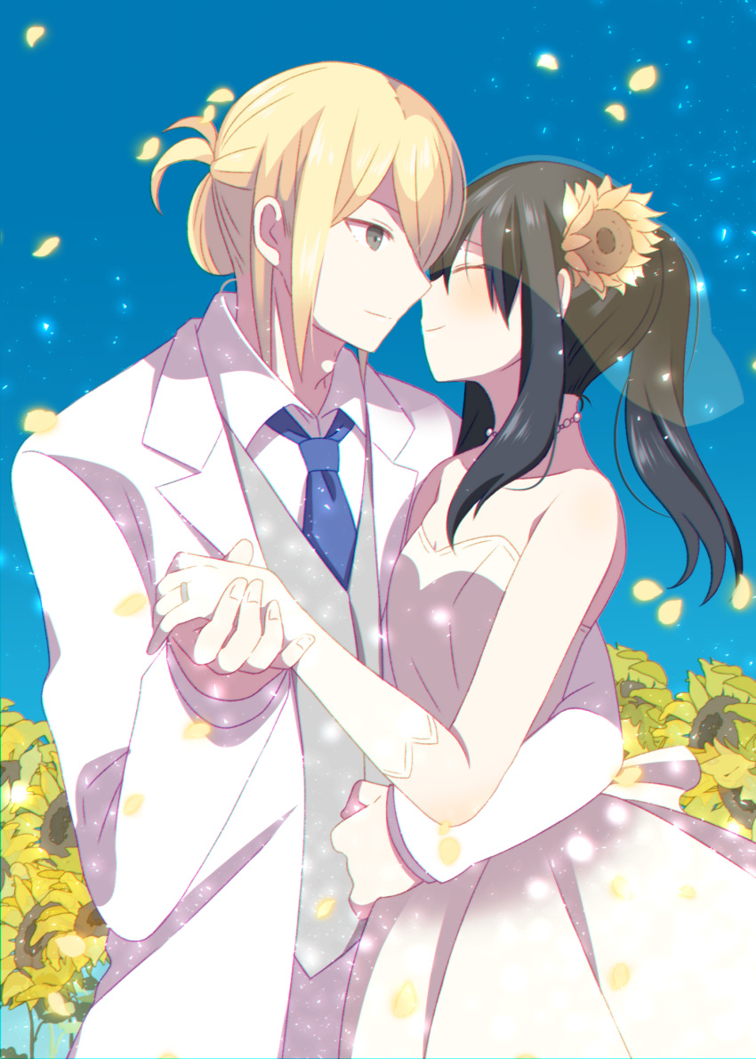 1boy 1girl akari_(pokemon) alternate_costume alternate_height arm_around_waist blonde_hair blue_hair closed_eyes commentary_request couple dress flower formal green_eyes hetero highres holding_hands jewelry long_hair outdoors pk728 pokemon pokemon_(game) pokemon_legends:_arceus ponytail ring short_hair smile suit sunflower volo_(pokemon) wedding wedding_dress wedding_ring white_suit