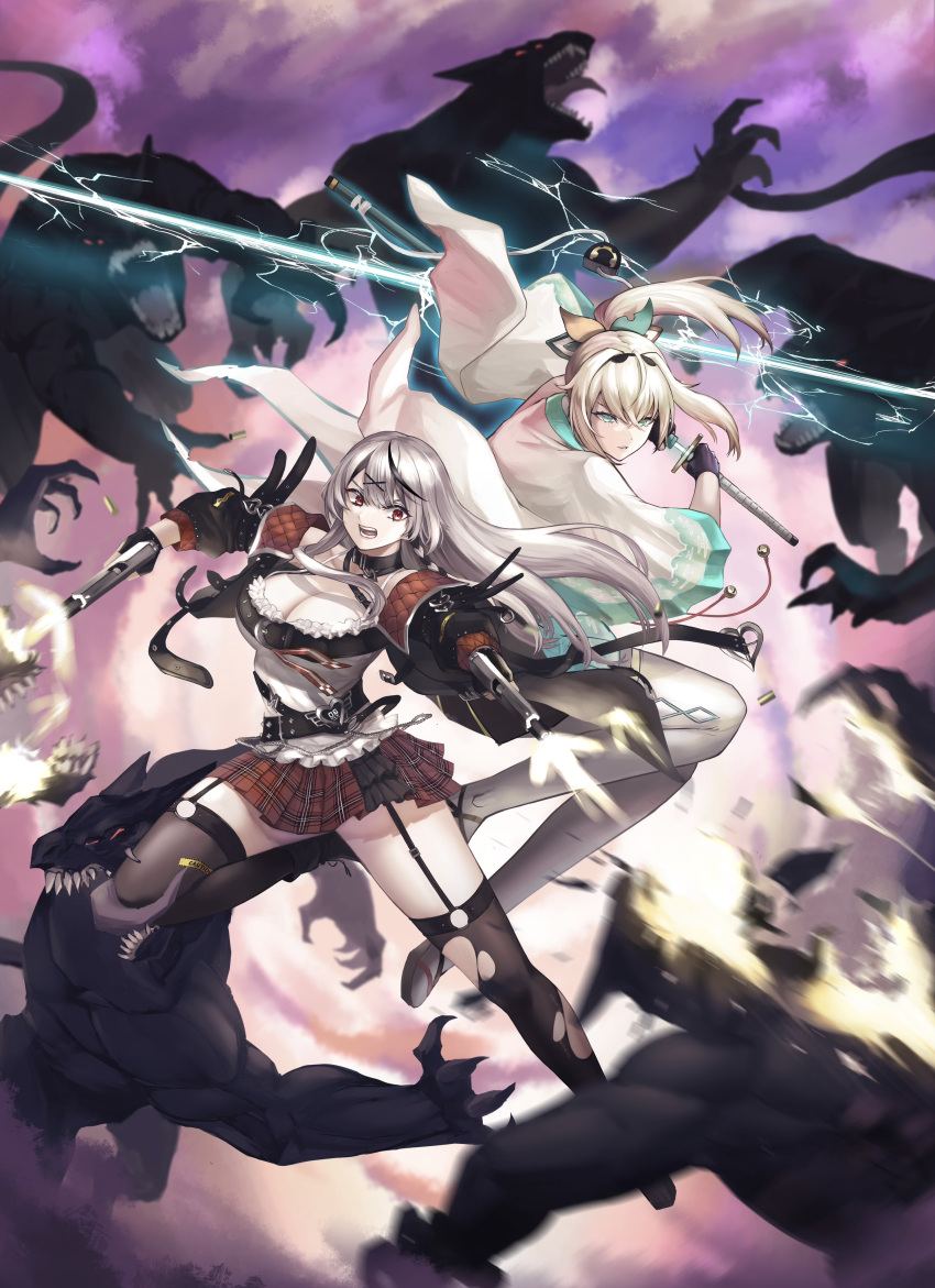 2girls absurdres battle blonde_hair breasts cleavage drawing_sword dual_wielding garter_straps green_eyes grey_hair gun handgun haori highres holding holding_gun holding_sword holding_weapon hololive japanese_clothes katana kazama_iroha kneeing large_breasts long_hair monster multiple_girls namakaro_8 plaid plaid_skirt ponytail red_eyes sakamata_chloe skirt sword thighhighs torn_clothes torn_thighhighs virtual_youtuber weapon