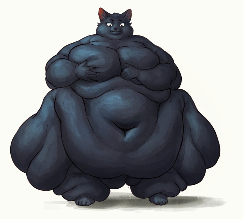 2021 anthro belly big_belly black_body black_fur cettus covering covering_breasts covering_self domestic_cat fat_rolls felid feline felis female front_view fur hi_res mammal morbidly_obese morbidly_obese_anthro morbidly_obese_female nude obese obese_anthro obese_female overweight overweight_anthro overweight_female sarka_svobodova simple_background solo standing thick_thighs white_background wide_hips