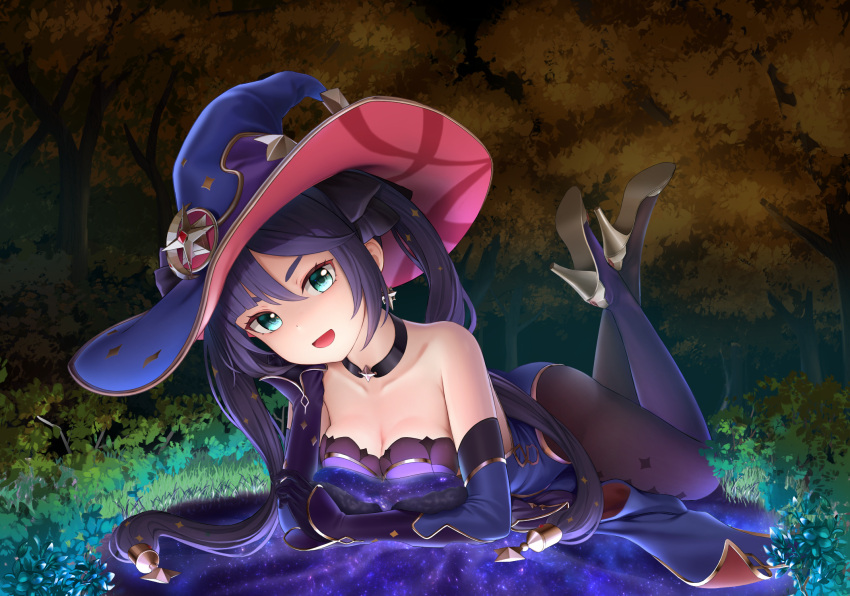 1girl :d bangs black_pantyhose breasts cementite choker cleavage darkness elbow_gloves forest full_body genshin_impact gloves green_eyes hat head_on_hand high_heels highres looking_at_viewer lying medium_breasts mona_(genshin_impact) nature night on_stomach outdoors pantyhose plant smile solo the_pose twintails witch_hat