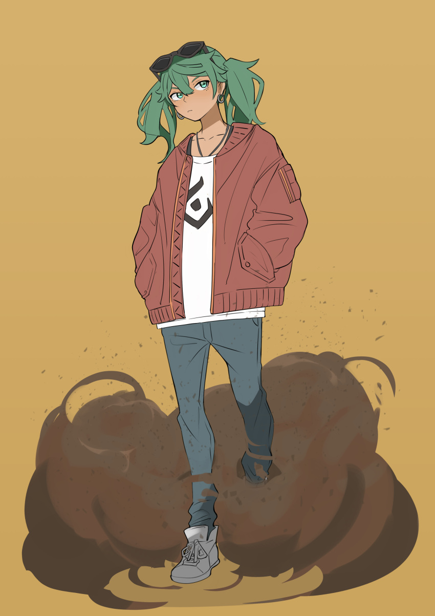 1girl absurdres brown_background denim dust_cloud earrings eyewear_on_head full_body green_eyes green_hair hands_in_pockets hatsune_miku highres jacket jeans jewelry necklace pants red_jacket saruissaart shirt shoes sneakers solo suna_no_wakusei_(vocaloid) sunglasses twintails vocaloid white_shirt