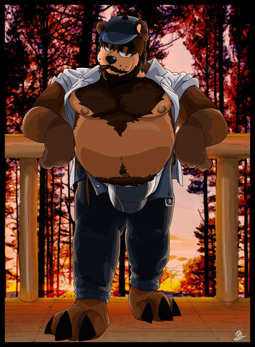 anthro belly blue_hair body_hair bulge chest_hair clothing eye_contact facial_hair forest grizz_(grizzlyboi75) grizzlyboi75 hair hat headgear headwear hi_res leaning looking_at_another male mammal markings nipples plant solo sunset tree underwear unzipped unzipped_pants ursid