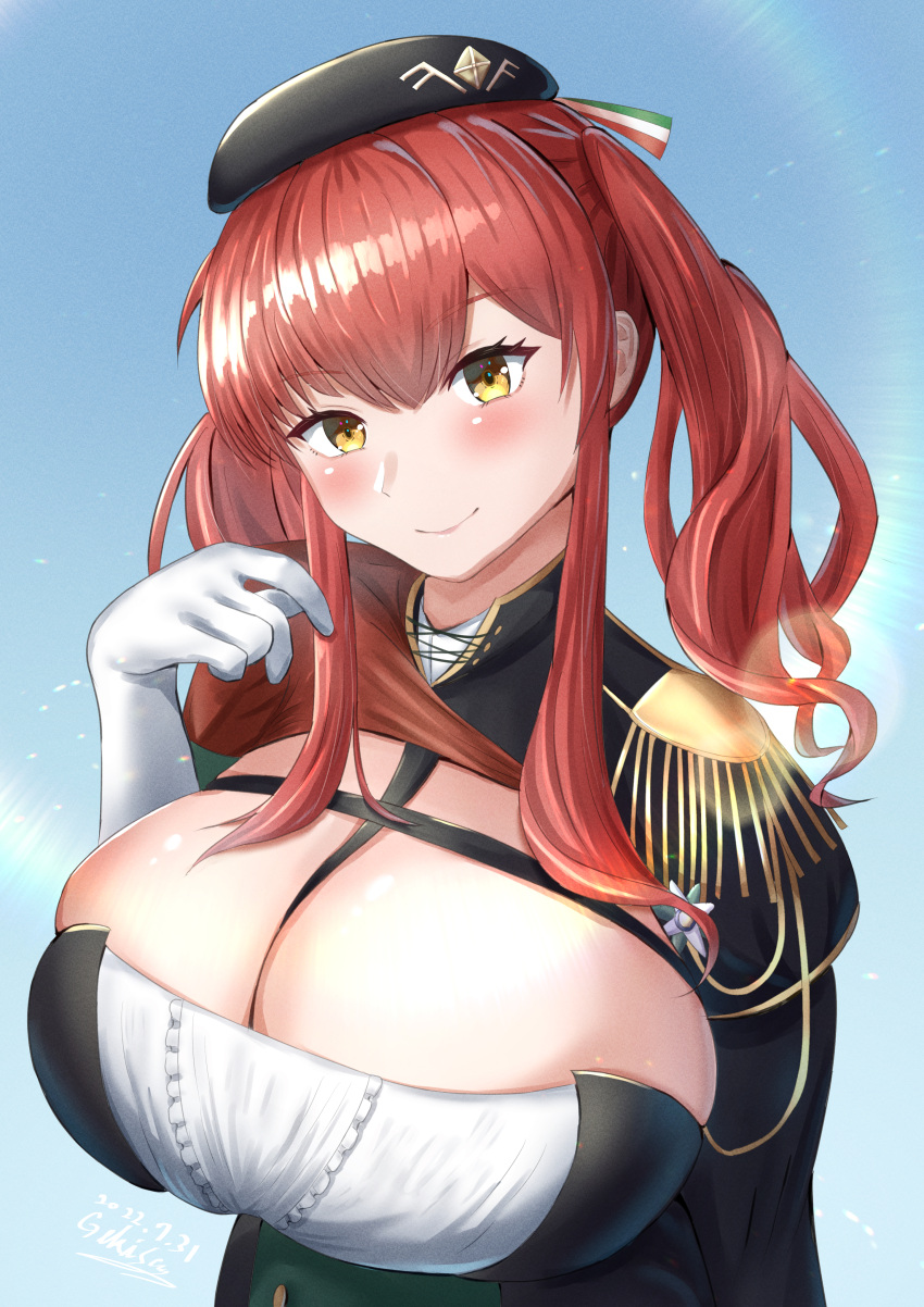 1girl absurdres azur_lane beret black_headwear blue_background breasts capelet center_frills cleavage epaulettes frills gekisum gloves hat highres huge_breasts long_hair looking_at_viewer red_hair skindentation solo upper_body white_gloves yellow_eyes zara_(azur_lane)