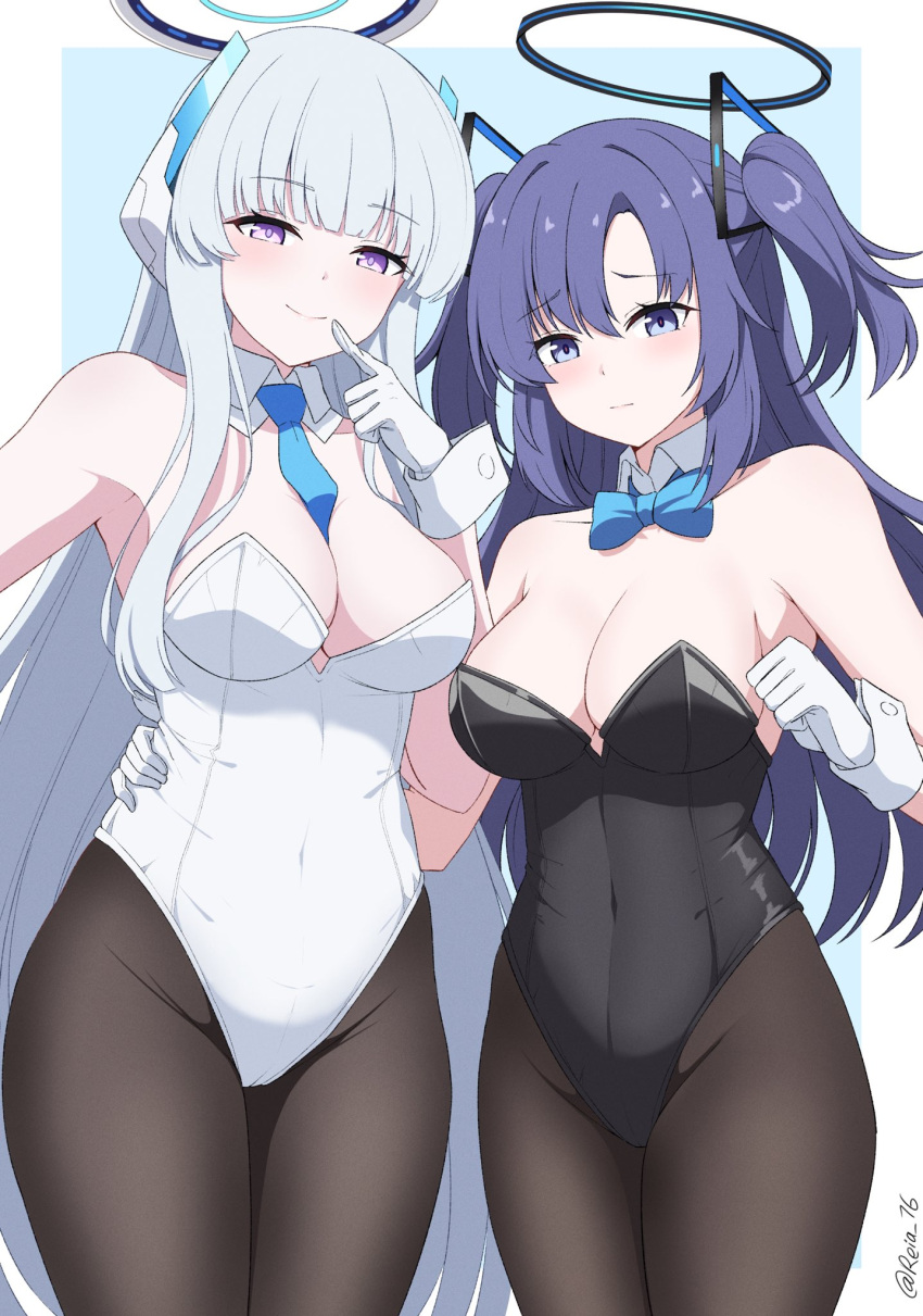 2girls animal_ears bangs between_breasts black_leotard black_pantyhose blue_archive blue_bow blue_bowtie bow bowtie breasts cleavage cowboy_shot detached_collar fake_animal_ears finger_to_mouth gloves grey_hair halo hand_on_hip hand_up headphones highres index_finger_raised leotard long_hair multiple_girls necktie necktie_between_breasts noa_(blue_archive) pantyhose parted_bangs playboy_bunny purple_eyes purple_hair rabbit_ears reia_76 sidelocks standing strapless strapless_leotard two_side_up very_long_hair white_gloves wrist_cuffs yuuka_(blue_archive)