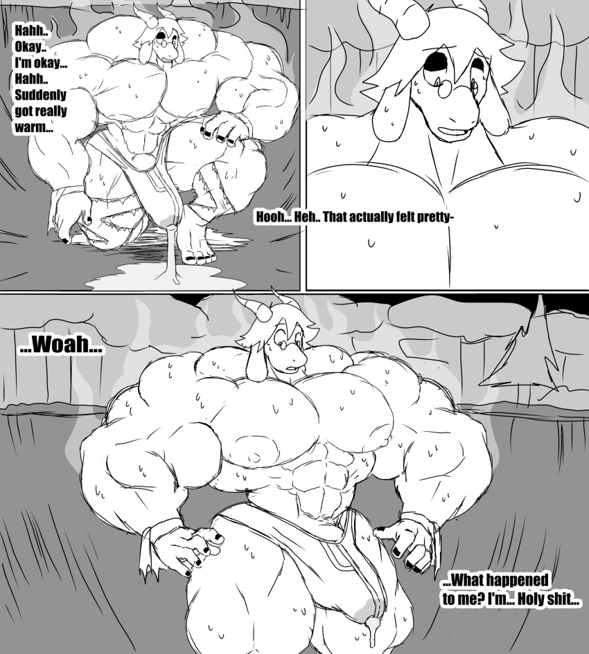 abs anthro barely_contained big_muscles big_pecs big_penis bodily_fluids bovid bulge caprine clothing crater dialogue english_text eyewear gabriel_(parttimeyeen) genital_fluids genitals glasses goat hi_res horn huge_muscles huge_penis male mammal monochrome muscular muscular_thighs night nipples parttimeyeen_(artist) pecs penis precum precum_through_clothing solo steam surprise sweat text thick_thighs tight_clothing torn_clothing wet wet_clothing