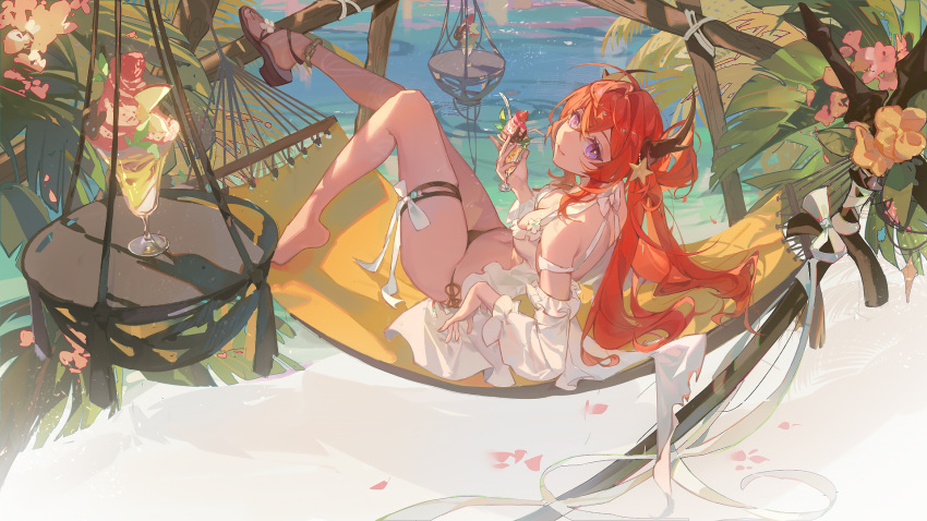 1girl arknights beach bikini black_bikini breasts cleavage closed_mouth drinking_straw hair_ornament hammock highres horns long_hair looking_at_viewer lying ocean on_back outdoors parfait purple_eyes red_hair sandals smile solo sq_(su_qing) star_(symbol) surtr_(arknights) swimsuit thigh_strap