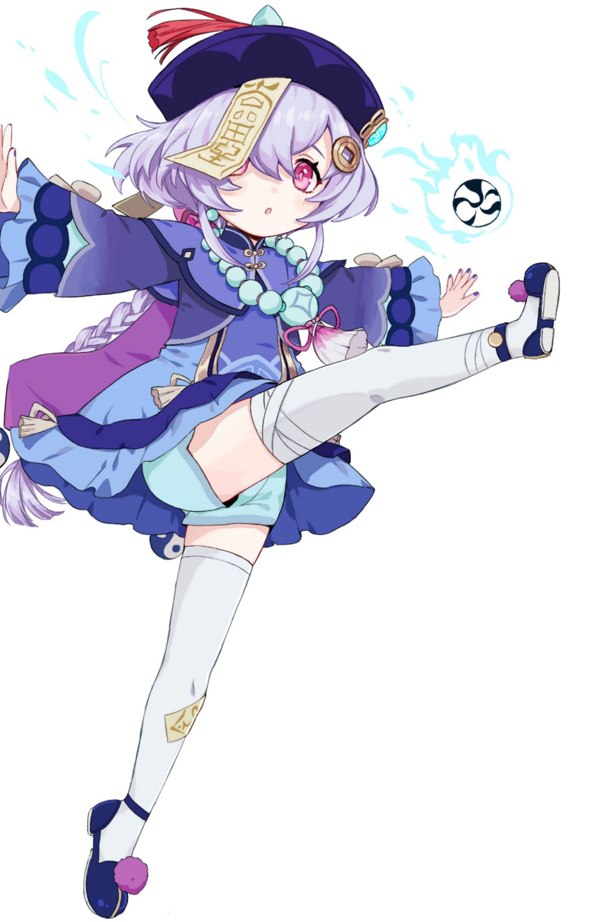 1girl aqua_shorts bangs bead_necklace beads braid chinese_clothes coin_hair_ornament commentary_request earrings genshin_impact hair_ornament hair_over_one_eye hat highres jewelry jiangshi kicking long_hair long_sleeves looking_at_viewer low_ponytail necklace orb outstretched_arms parted_lips purple_eyes purple_hair qing_guanmao qiqi_(genshin_impact) shoes short_shorts shorts sidelocks simple_background single_braid solo spread_arms standing standing_on_one_leg sushi_171 thighhighs vision_(genshin_impact) white_background white_thighhighs yin_yang yin_yang_orb zettai_ryouiki