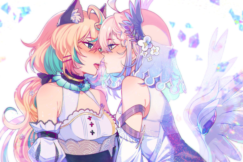 2girls after_kiss ahoge animal_ear_fluff animal_ears aqua_hair bangs bare_shoulders blonde_hair blush breasts cat_ears commentary detached_sleeves detached_wings english_commentary enna_alouette eye_contact face-to-face green_eyes hair_between_eyes hair_ornament hairclip highres long_hair looking_at_another low_twintails medium_breasts millie_parfait multicolored_hair multiple_girls nijisanji nijisanji_en official_alternate_costume open_mouth parted_lips purple_eyes saliva saliva_trail savi_(byakushimc) short_hair tongue tongue_out twintails two-tone_hair veil virtual_youtuber white_hair wings yuri