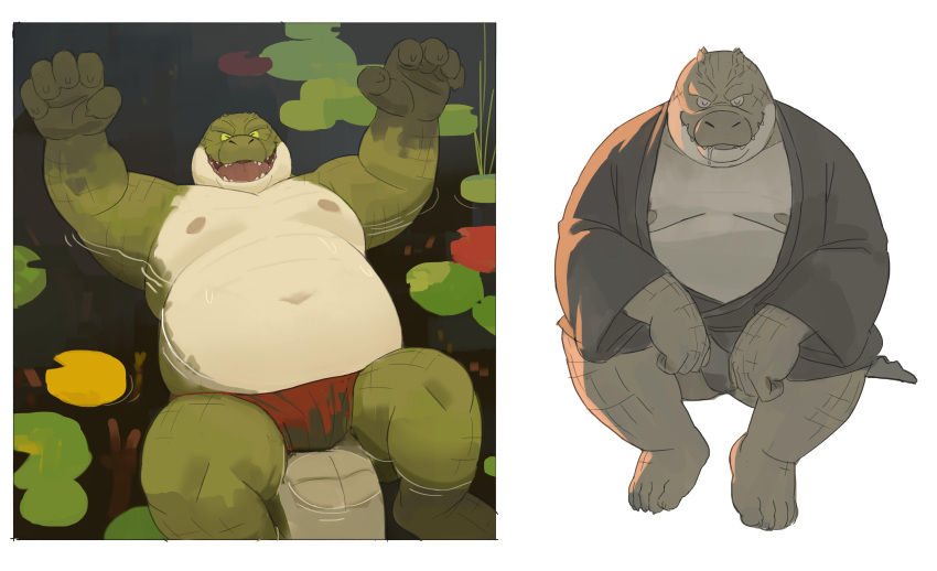 2022 absurd_res belly big_belly clothed clothing crocodile crocodilian crocodylid green_body hi_res humanoid_hands huynhduyad14 kemono lying male overweight overweight_male red_clothing red_underwear reptile scalie sitting solo underwear water white_body