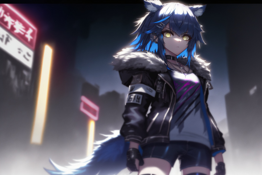 1girl animal_ears bangs black_gloves black_jacket blue_hair chroma_(crimson_moon) colorchroma forest fur_trim gloves jacket long_sleeves looking_at_viewer nature open_clothes open_jacket original self_upload shirt tail thighhighs white_shirt wolf_ears wolf_girl wolf_tail yellow_eyes