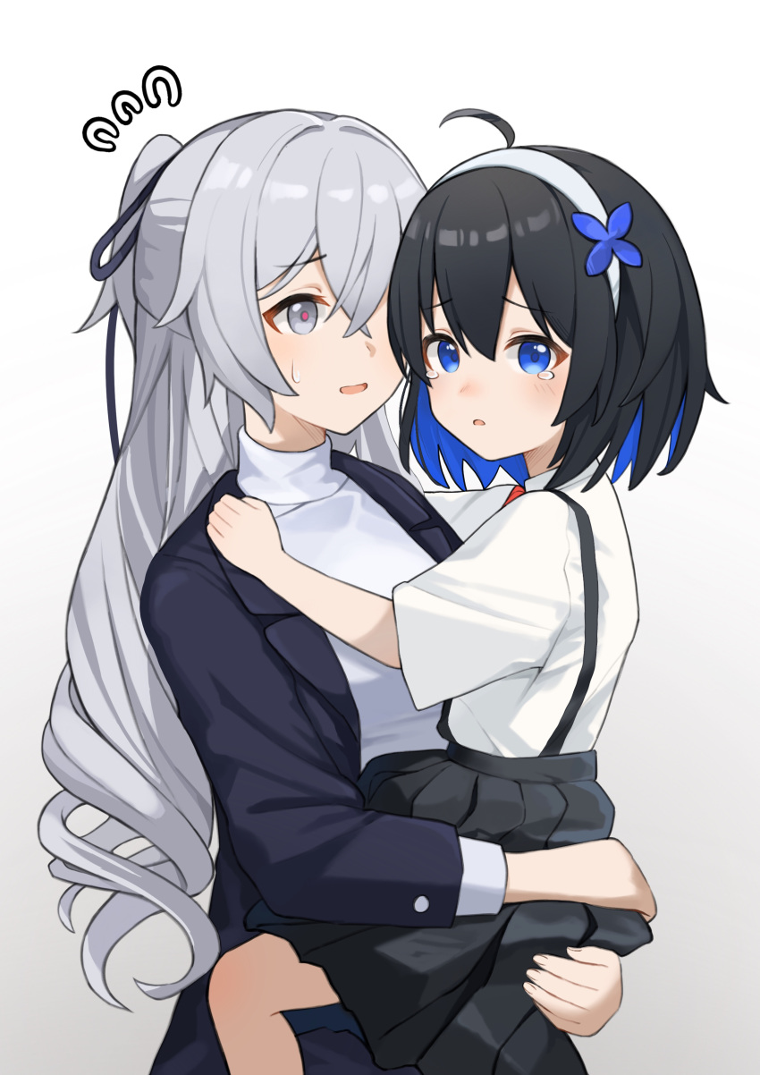 2girls absurdres aged_down ahoge bangs black_hair blue_eyes bow bronya_zaychik bronya_zaychik_(silverwing:_n-ex) carrying carrying_person commentary_request cookieee flying_sweatdrops grey_eyes grey_hair hair_between_eyes hair_bow hair_ribbon hairband highres honkai_(series) honkai_impact_3rd hug long_hair long_sleeves looking_at_viewer multicolored_hair multiple_girls parted_lips pleated_skirt ponytail ribbon seele_vollerei short_hair short_sleeves sidelocks simple_background skirt suspender_skirt suspenders sweatdrop tears two-tone_hair