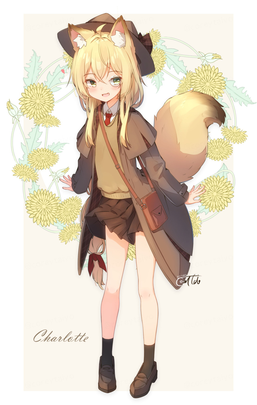 1girl absurdres ahoge animal_ear_fluff animal_ears bangs blonde_hair blush brown_cardigan brown_coat brown_footwear brown_headwear brown_skirt brown_socks cardigan character_name coat collared_shirt coreytaiyo dated detective fang floral_background fox_ears fox_girl fox_tail full_body green_eyes hair_between_eyes hair_over_shoulder hat highres long_hair looking_at_viewer miniskirt monocle necktie open_clothes open_coat open_mouth original pleated_skirt red_necktie shirt shoes sidelocks signature skirt socks solo standing tail tail_raised thighs very_long_hair white_shirt