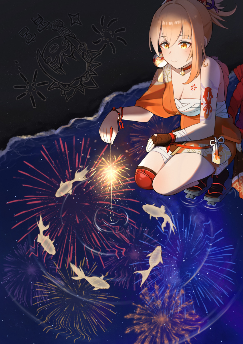 1girl absurdres aerial_fireworks arm_tattoo asymmetrical_legwear bangs bracelet breasts chest_tattoo choker cleavage commentary_request cookieee fingerless_gloves fireworks fish genshin_impact geta gloves hair_between_eyes hair_ornament highres holding japanese_clothes jewelry light_brown_hair long_hair mismatched_legwear night night_sky orange_eyes ponytail pouch puddle reflection rope sandals sarashi senkou_hanabi shimenawa sidelocks simple_background single_glove sky smile sparkler squatting star_(sky) starry_sky stranger_mukou_hadan tattoo translation_request yoimiya_(genshin_impact)