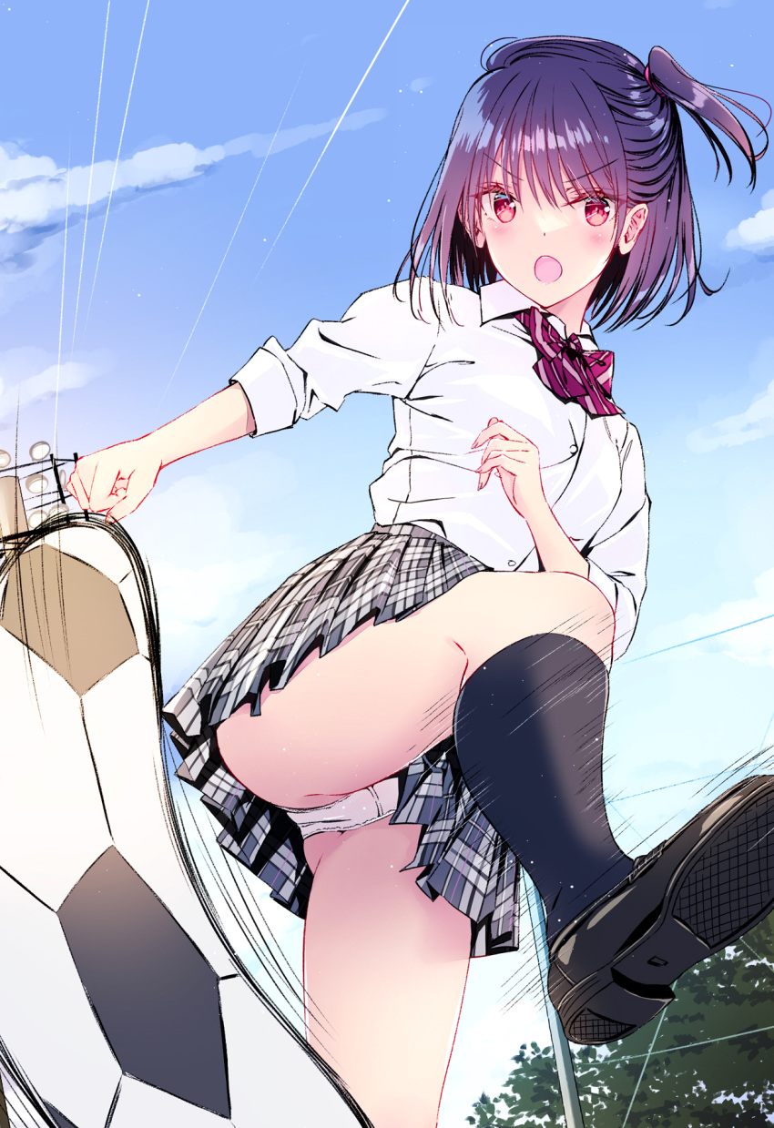 1girl ball bangs black_footwear black_skirt black_socks cloud collared_shirt commentary_request day highres kicking kneehighs kobayashi_chisato open_mouth original outdoors panties plaid plaid_skirt pleated_skirt purple_hair red_eyes school_uniform shirt side_ponytail skirt sky soccer_ball socks solo thighs tree underwear white_panties white_shirt