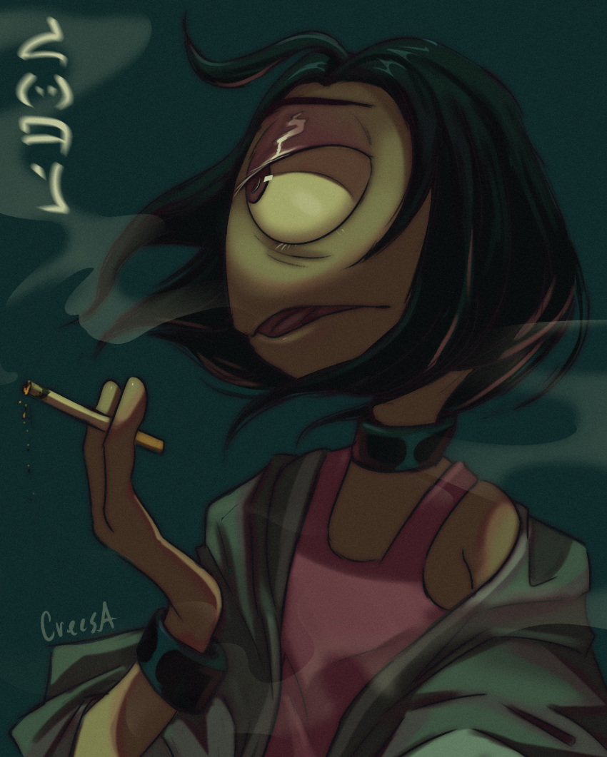 1_eye 2022 alien black_hair bracelet brown_eyes choker cigarette clothed clothing constructed_language creesa crossdressing digital_drawing_(artwork) digital_media_(artwork) disney fictional_language hair hi_res holding_cigarette holding_object jacket jewelry lilo_and_stitch looking_aside male necklace open_mouth pink_clothing pink_shirt pink_tank_top pink_topwear plorgonarian shirt signature simple_background solo tank_top tantalog_text teal_background text topwear wendy_pleakley