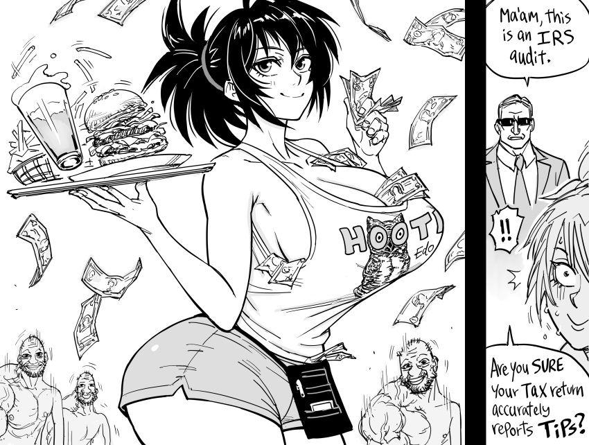 ! !! 1girl 4boys absurdres bangs bare_shoulders bb_(baalbuddy) breasts burger cleavage coomer_(meme) drink english_commentary english_text food formal highres holding holding_tray hooters huge_breasts irs manyuu_chifusa manyuu_hikenchou meme money money_tuck monochrome multiple_boys muscular muscular_male ponytail short_shorts shorts sideboob simple_background smile speech_bubble suit sunglasses tank_top tray