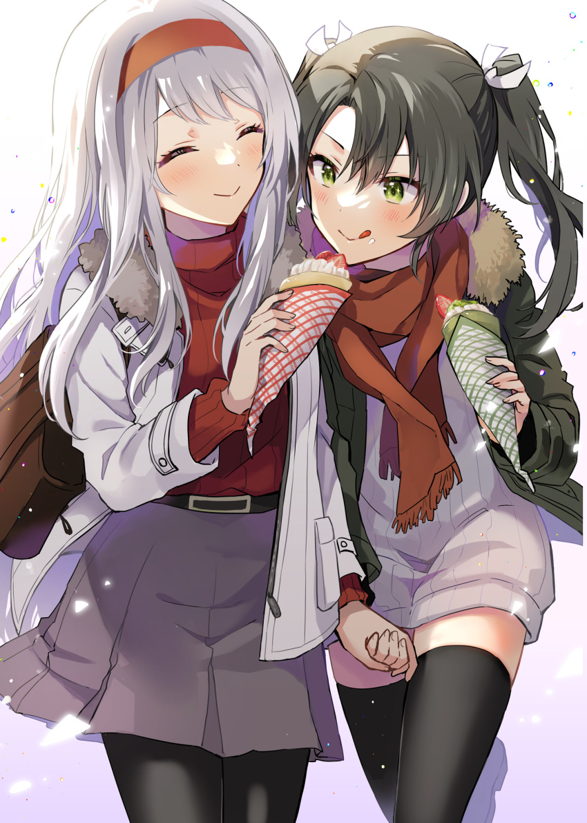 2girls :d alternate_costume anbutter_siruko bag black_pantyhose black_thighhighs blush breasts closed_eyes closed_mouth crepe dark_green_hair dress eating food food_wrapper fur_trim gradient gradient_background grey_skirt hairband highres holding holding_food jacket kantai_collection long_hair multiple_girls official_alternate_costume pantyhose purple_background red_shirt ribbed_dress ribbed_shirt sack scarf shirt shoukaku_(kancolle) skirt small_breasts smile thighhighs twintails white_hair yellow_eyes zuikaku_(kancolle)