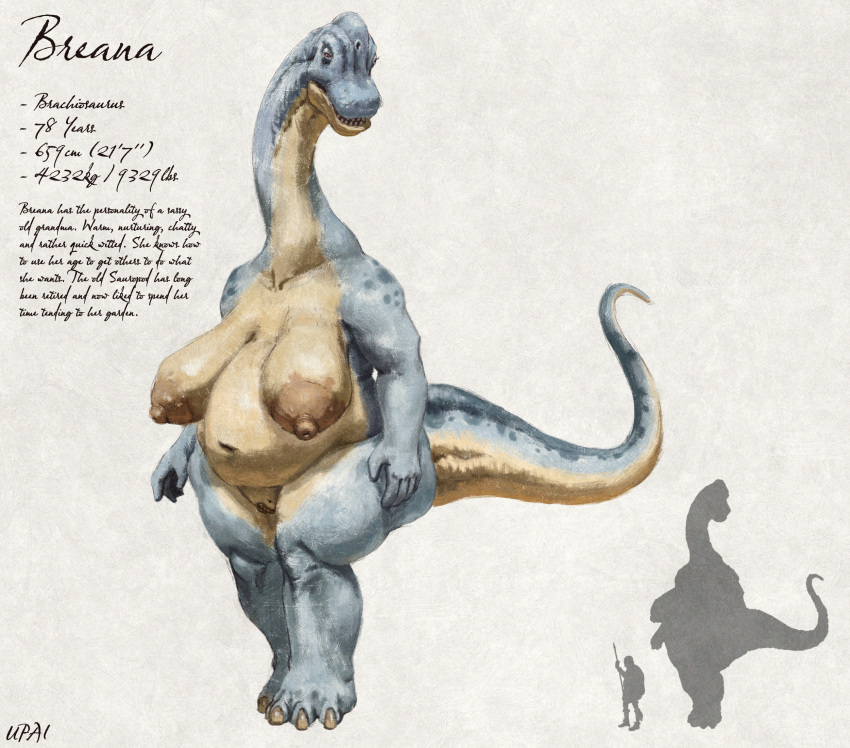 anthro areola belly big_belly big_breasts blue_body blue_tail brachiosaurid brachiosaurus breasts brown_areola brown_eyes brown_nipples comparing dinosaur female full-length_portrait genitals glistening glistening_eyes hi_res humanoid_genitalia humanoid_pussy long_neck navel nipples nude open_mouth portrait pussy reptile sagging_breasts sauropod scalie signature simple_background solo standing tan_body tan_breasts tan_tail upai
