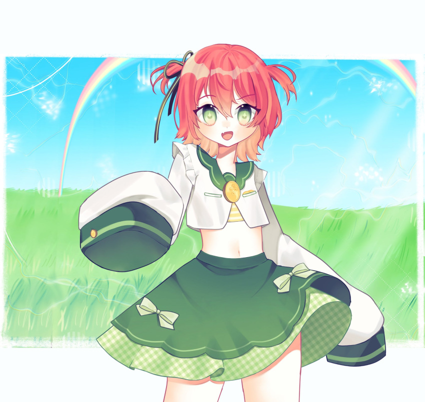 +_+ 1girl :d blue_sky cropped_shirt fang fuyo_cloverfield green_eyes green_skirt highres idol_corp long_sleeves looking_at_viewer medium_hair milmikut navel open_mouth pink_hair rainbow shirt short_twintails skin_fang skirt sky smile symbol-shaped_pupils twintails virtual_youtuber white_shirt