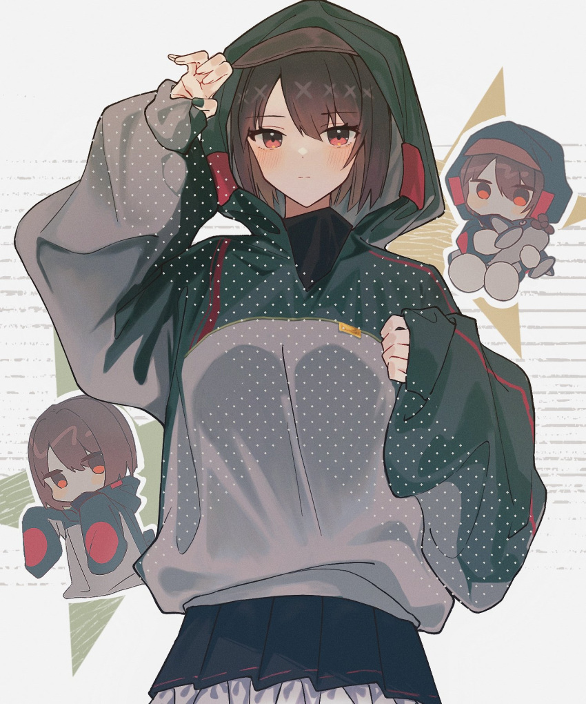 1girl black_skirt blush brown_hair closed_mouth delta_(063k1z5shio) highres hood hoodie hyuuga_(kancolle) kantai_collection looking_at_viewer multiple_views pleated_skirt red_eyes short_hair skirt sleeves_past_wrists