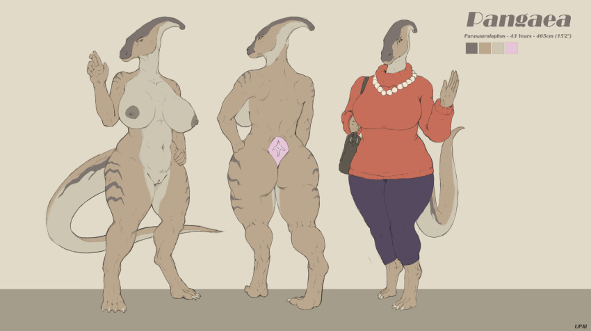 anthro areola artist_name barefoot bead_necklace blue_bottomwear blue_clothing blue_pants bottomwear butt closed_smile clothed clothing color_swatch dinosaur feet female front_view gesture grey_areola grey_nipples grey_stripes hadrosaurid hi_res looking_at_viewer model_sheet mouth_closed nipples nude ornithischian pants parasaurolophus rear_view red_clothing red_topwear reptile scalie simple_background solo standing striped_legs stripes tan_body tan_eyes topwear upai waving waving_at_viewer