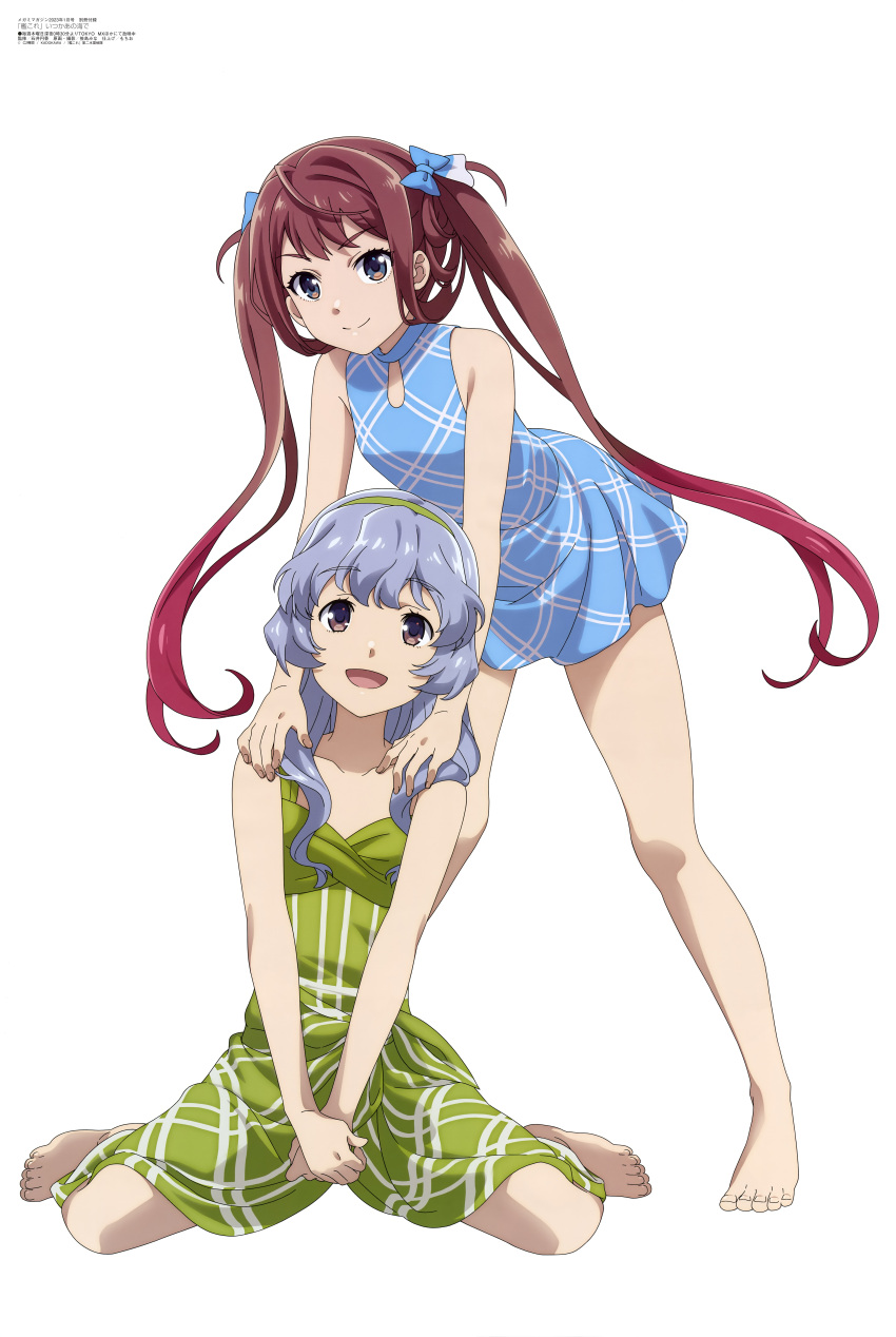 2girls absurdres asagumo_(kancolle) bangs barefoot blue_dress blue_eyes blue_hair bow brown_eyes brown_hair closed_mouth dress feet green_dress hair_bow hairband hand_on_another's_shoulder highres ishii_madoka kantai_collection long_hair megami_magazine multiple_girls official_art open_mouth scan sidelocks simple_background sitting smile standing toes twintails wariza white_background yamagumo_(kancolle)