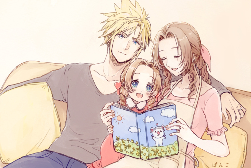 1boy 2girls aerith_gainsborough ancotsubu apron arm_around_shoulder bangs blonde_hair blue_eyes blue_pants blush book braid brown_hair closed_eyes cloud_strife collared_shirt couch dress father_and_daughter female_child final_fantasy final_fantasy_vii final_fantasy_vii_remake frilled_sleeves frills grey_shirt hair_between_eyes hair_ribbon holding holding_book if_they_mated indoors long_hair mother_and_daughter multiple_girls on_couch open_mouth pants parent_and_child parted_bangs pillow pink_dress pink_ribbon reading ribbon shirt shirt_under_dress short_hair short_sleeves sidelocks sitting smile spiked_hair t-shirt twin_braids wavy_hair yellow_apron yellow_background