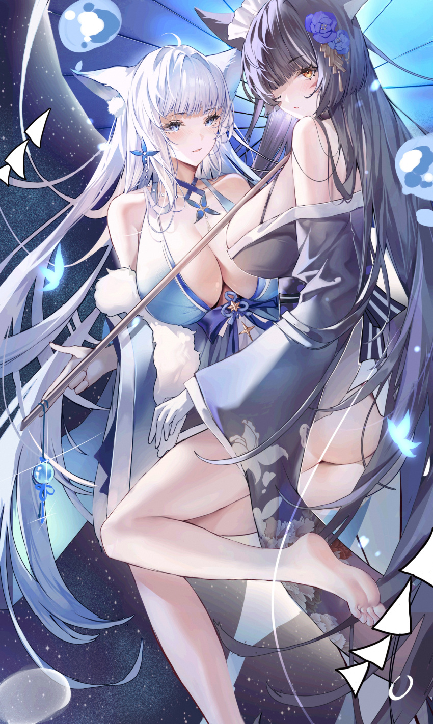2girls absurdres animal_ear_fluff animal_ears ass azur_lane bare_legs bare_shoulders barefoot black_hair black_kimono blue_butterfly blue_eyes blush breasts brooch bug butterfly cleavage feet floral_print flower foot_out_of_frame foot_up fox_ears gloves hair_flower hair_ornament highres holding holding_umbrella japanese_clothes jewelry kimono large_breasts long_hair long_sleeves looking_at_viewer maid_headdress multiple_girls musashi_(azur_lane) musashi_(violet_moonglow)_(azur_lane) night night_sky official_alternate_costume oil-paper_umbrella one_eye_closed orange_eyes parted_lips shinano_(azur_lane) short_kimono sky smile soles star_(sky) starry_sky toes umbrella wa_maid water_drop white_gloves white_hair wide_sleeves xiongshouji